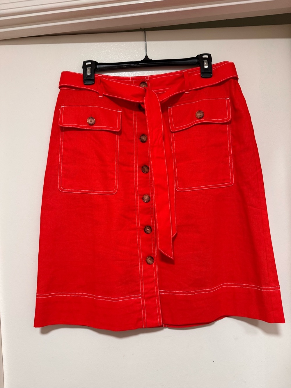 J. Crew Red Button-Front A-Line Skirt with Self-Tie Belt